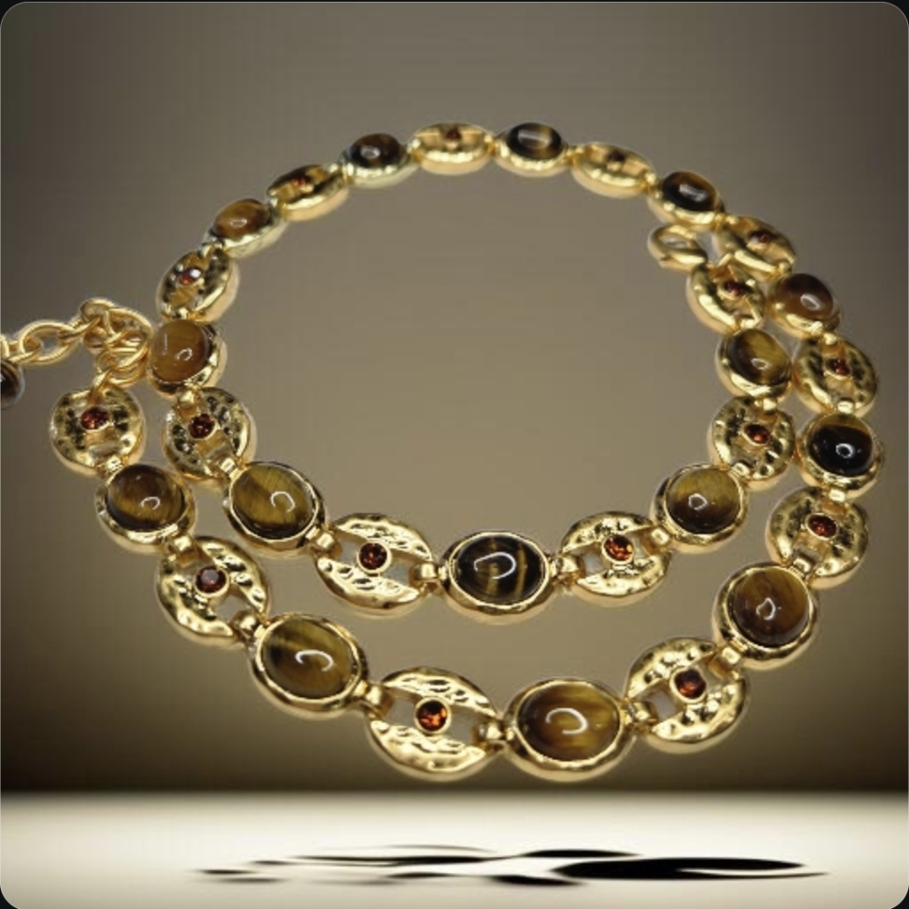 New 18k Gold Plated Chunky Tigers Eye Stone Necklace